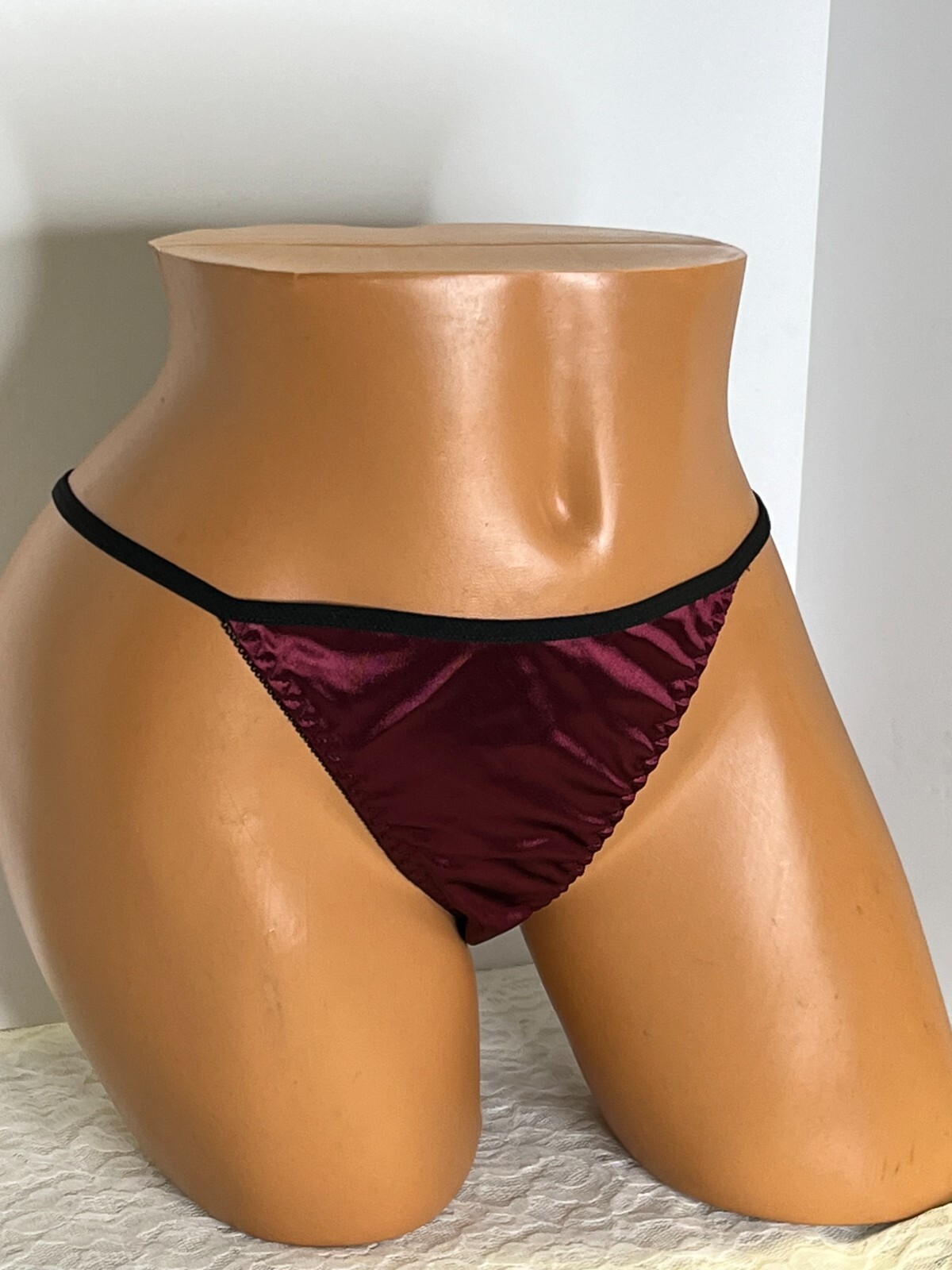 Burgundy Satin Tanga Panties Lace Large Wet Look