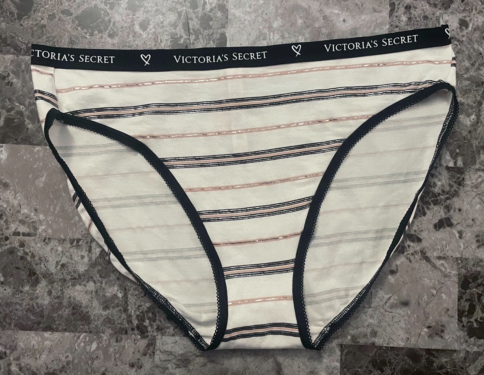 NWT VICTORIA’S SECRET M BLACK WHITE BEIGE SILVER STRIPE HEART LOGO BRIEF PANTIES