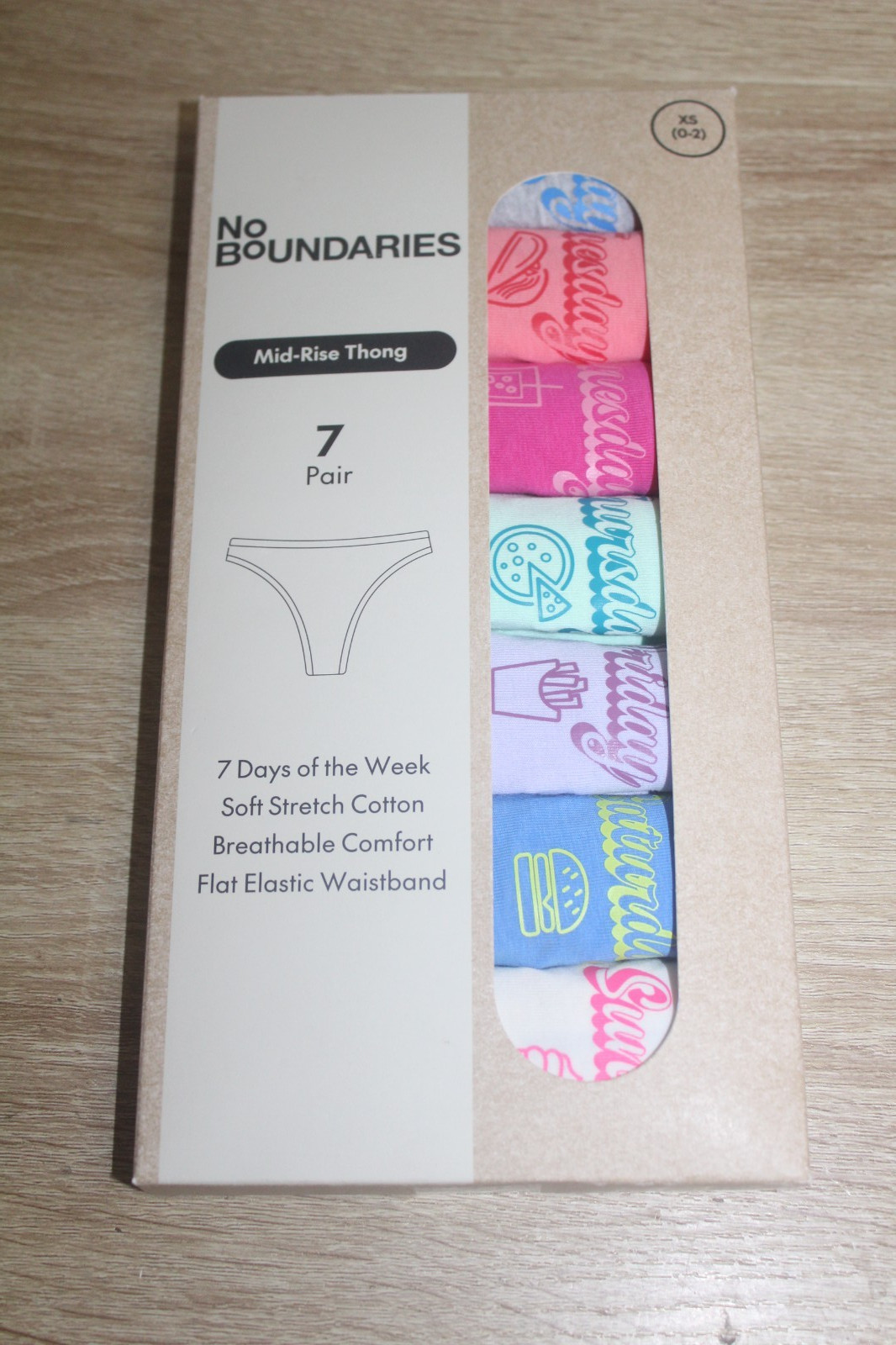 No Boundaries XS Mid-Rise Thong Panties 7 Pair 7 Days Of The Week NEW