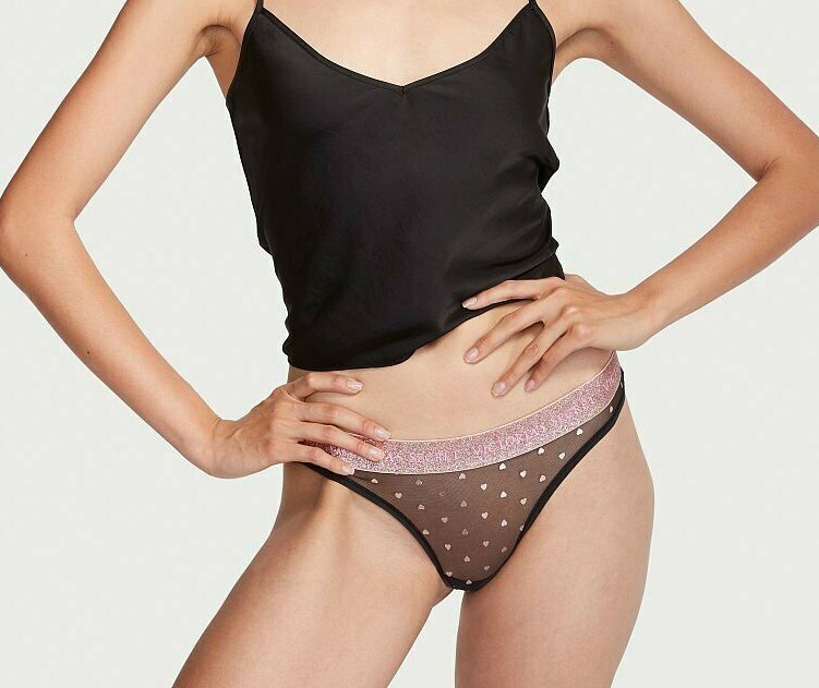 Victoria’s Secret Sexy Sheer Thong Black Gold Hearts Glitter Waistband XS NWT