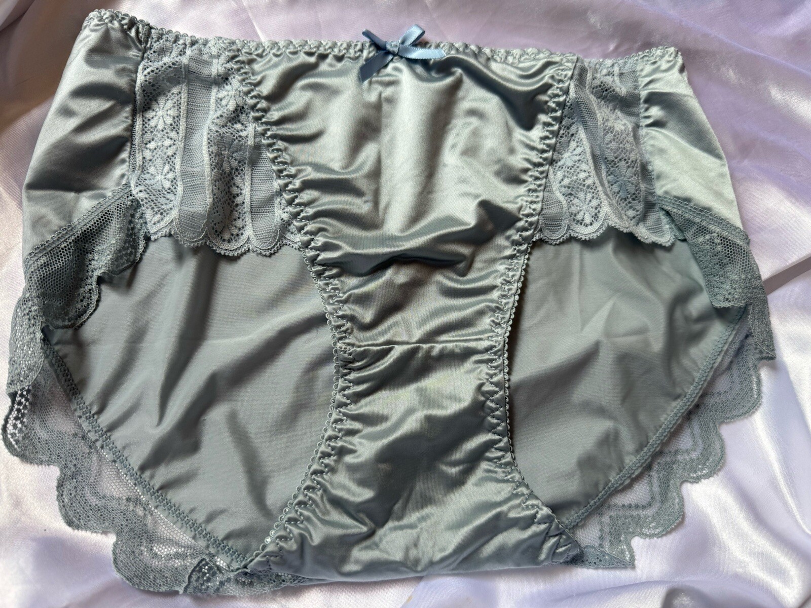 Ice Silver Blue Silky Satin Lace Trim Hip Bikini Brief Panties Sz Med