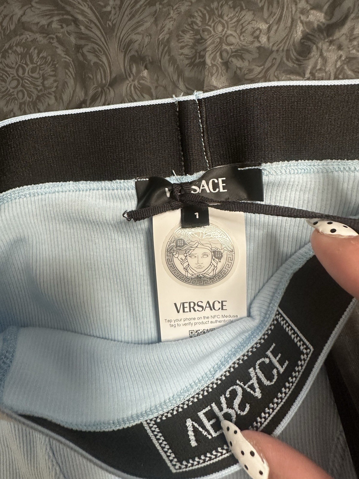 Versace 90s Vintage Logo Ribbed Shorts Light Blue Size 1 NWT Authentic $150