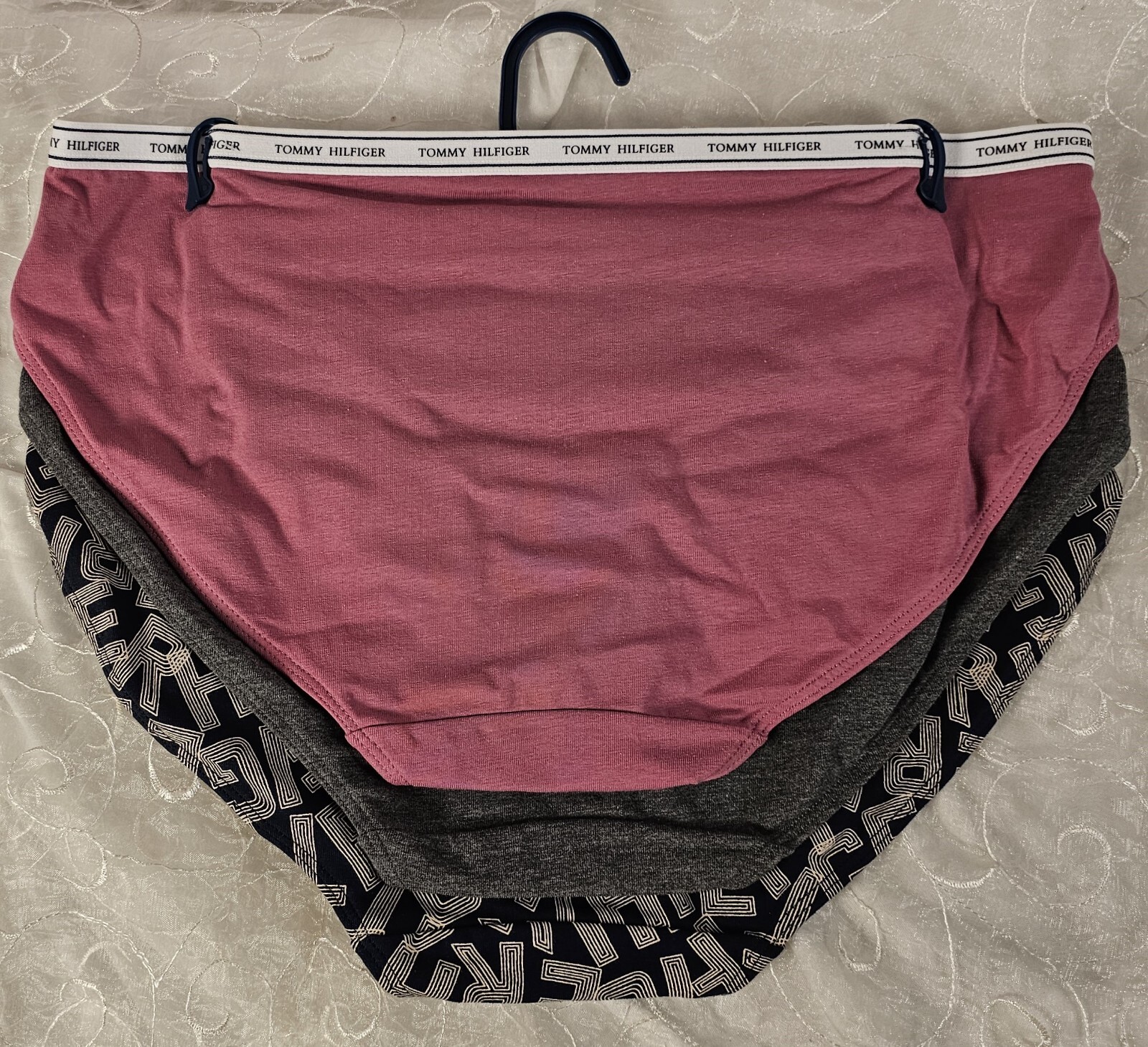 Tommy Hilfiger 3 Pack Cotton Stretch Bikini L Rose, Gray & Navy w/HILFIGER Print
