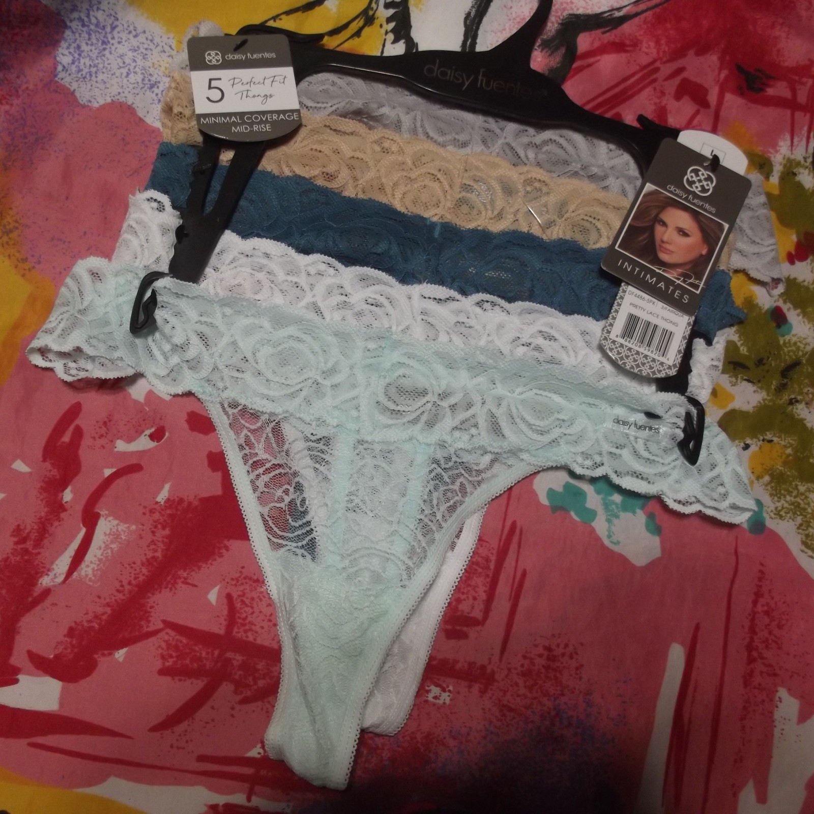 5 DAISY FUENTES INTIMATES DF4486 3 PERFECT FIT LACE MID-RISE THONG PANTIES L