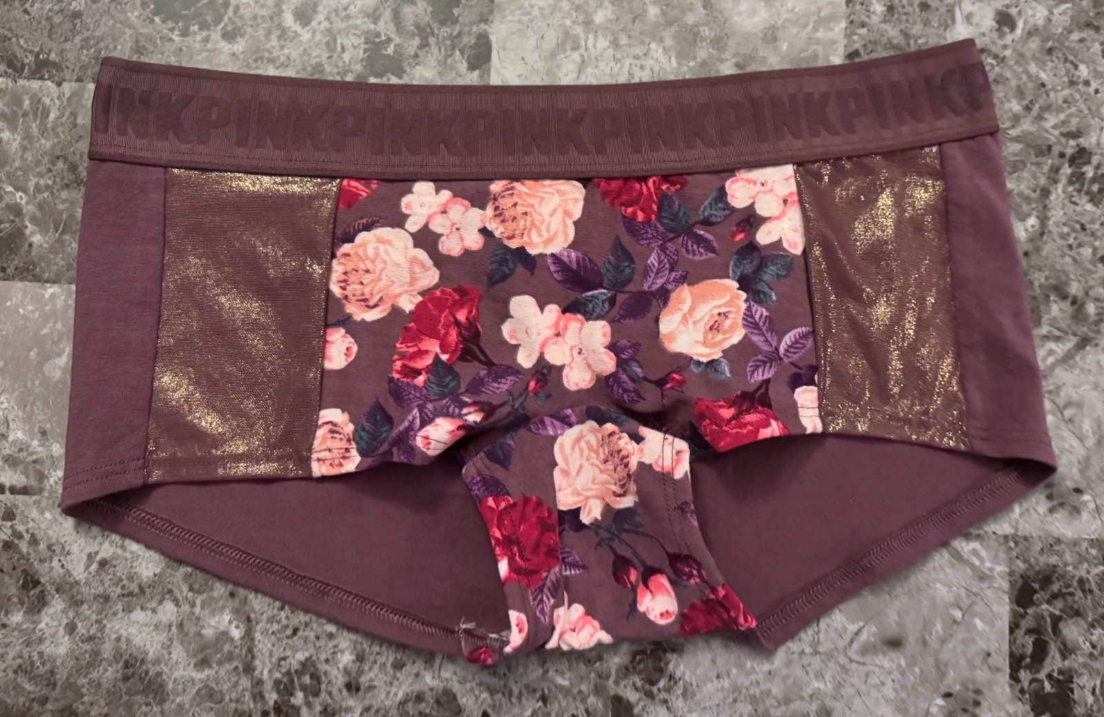 NWT VICTORIA’S SECRET PINK S FLORAL SHINE LOGO THICK BAND RARE BOYSHORT PANTIES