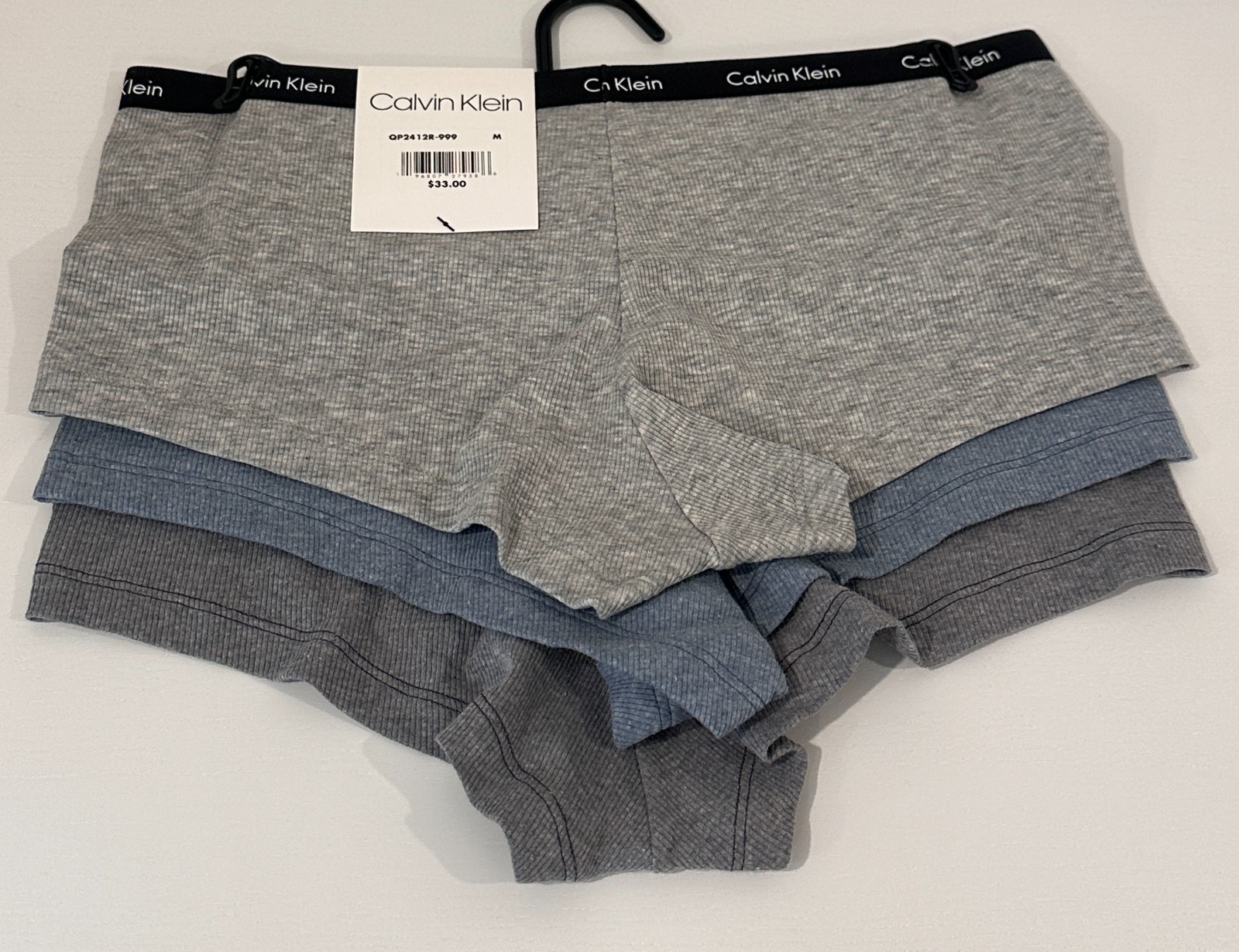 NWT Calvin Klein 3 Pack MEDIUM Rib Knit Boyshorts Women’s Grey Blue Dark Grey