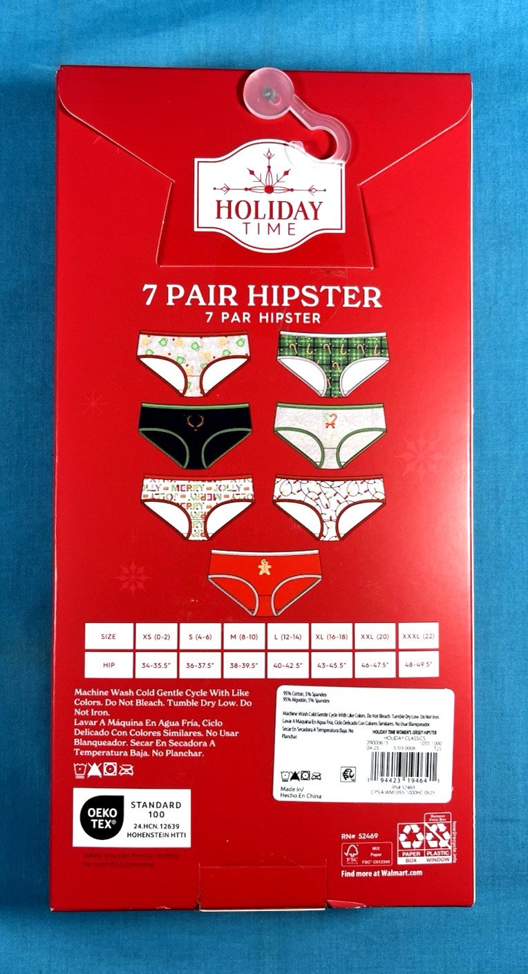 NIB~HOLIDAY TIME Christmas Hipster Underwear~7 Pack Women size S (12-14) Panties