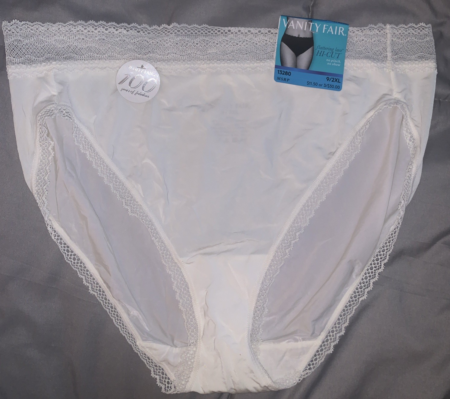 Vanity Fair Hi-Cut Nylon Panties Plus Size 2X 9 Lace Details Coconut/White NEW