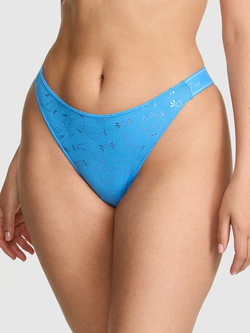 Victoria’s Secret PINK – M Logo Cotton High-Leg Thong Panty – Blue Foil Dolphin