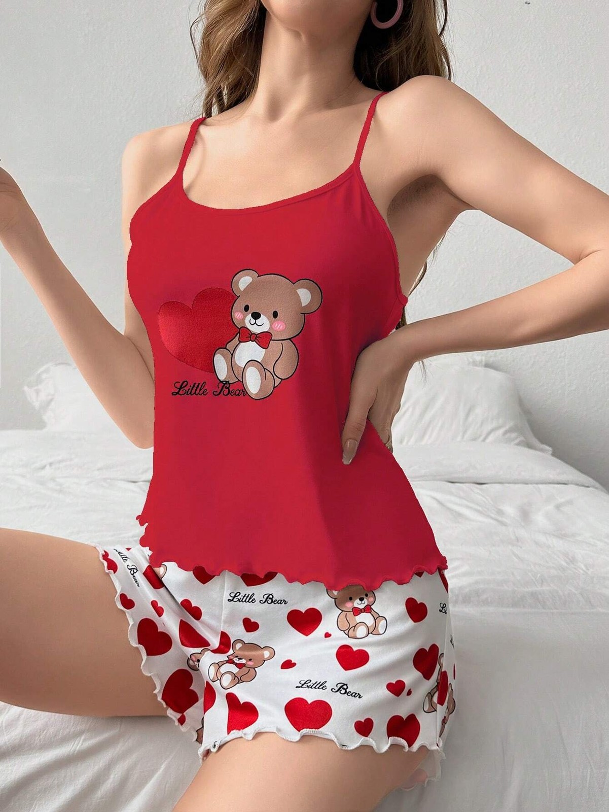 Softscene Ladies Bear Pattern Camisole Top and Shorts Pyjama Set for Cheap24