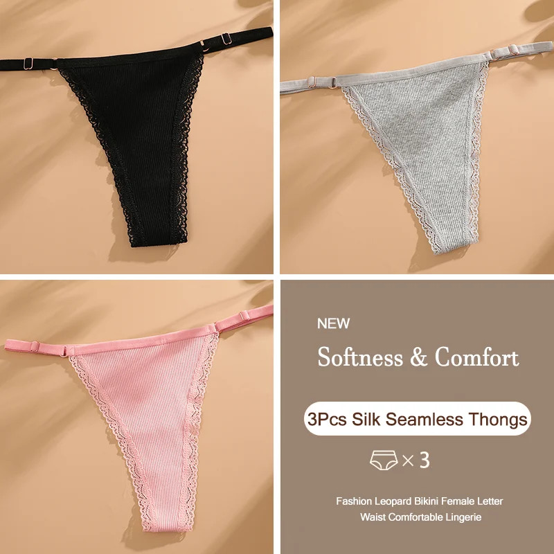 Low Rise Thong Panties Cotton Seamless Stretch Breathable Adjustable Fit 3PCS