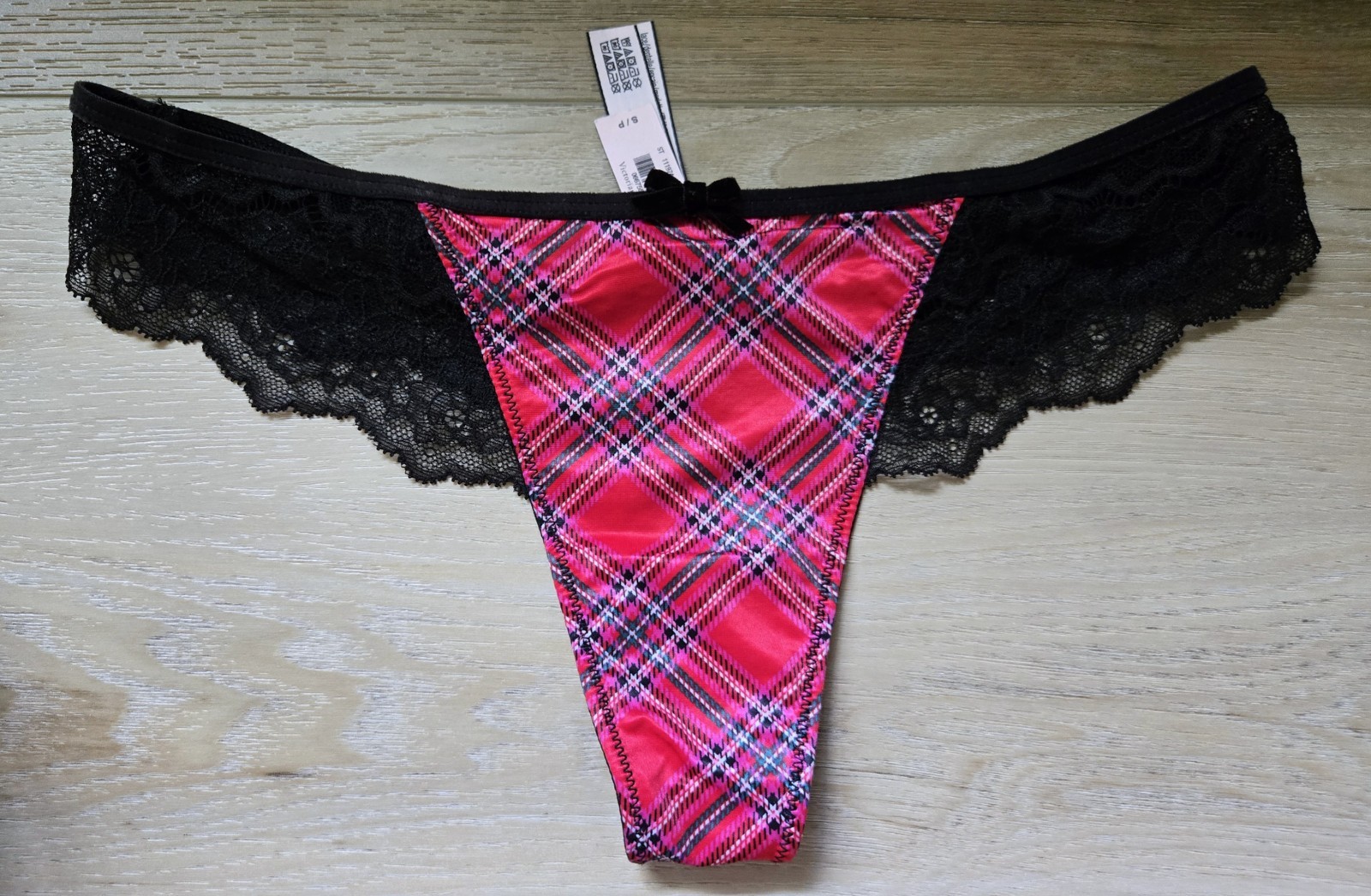 NWT Victoria’s Secret Dream Angels Red Plaid Satin Lace Thong String Panties S