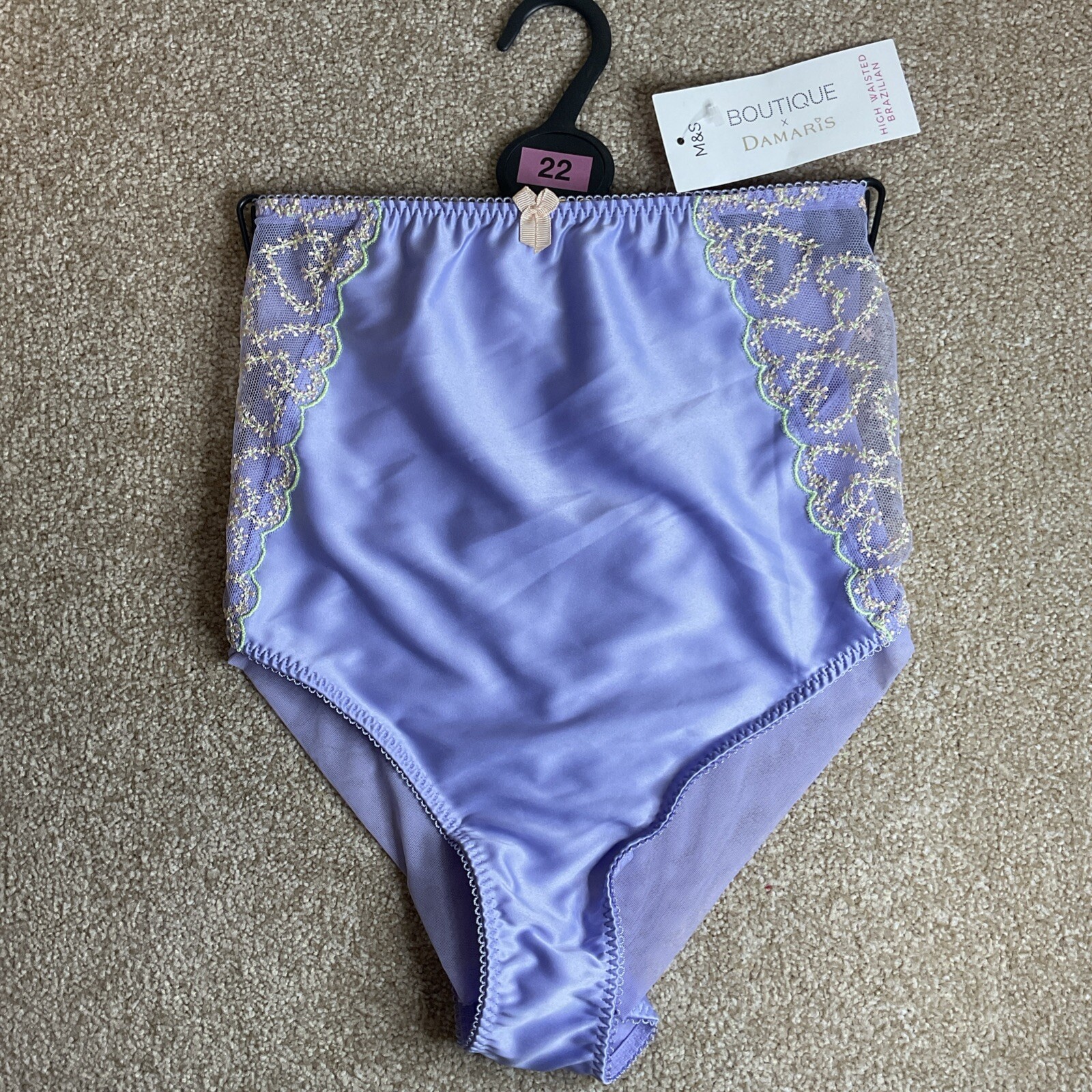 M&S Size 22 Boutique High Waisted Brazilian Knickers Lilac Mix Satin Mesh Rear