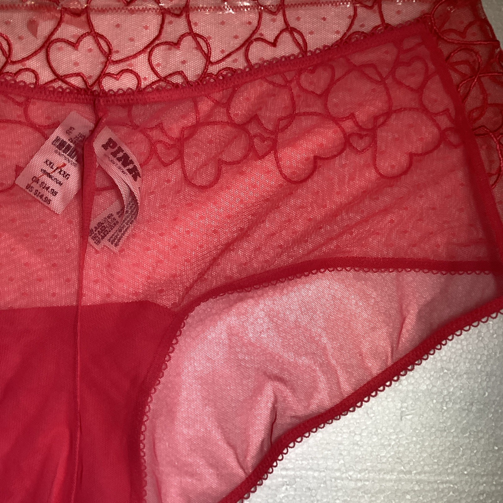 PINK Women’s Pink Sheer Stretch Mesh Heart Pattern Hipster Panties, Size L