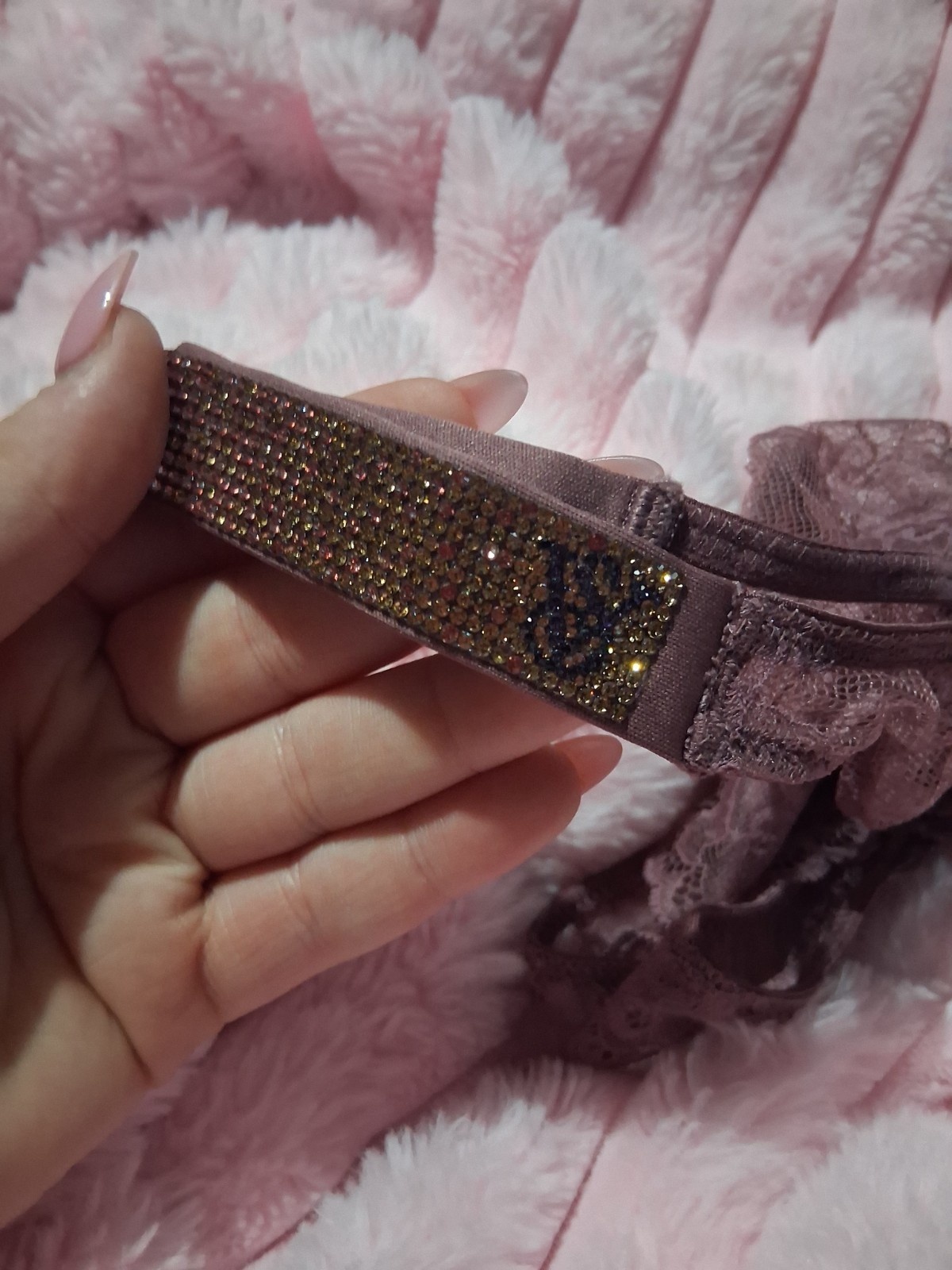 Victoria’s Secret Purple Lace Thong Panties Rhinestone Logo Strap, Size M