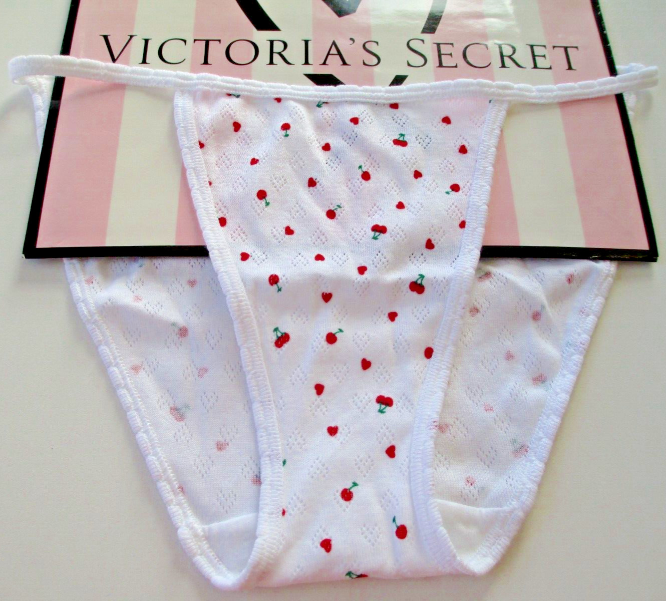VICTORIA’S SECRET PINK 100% Cotton String Bikini Panty VS White Cherry Hearts NW