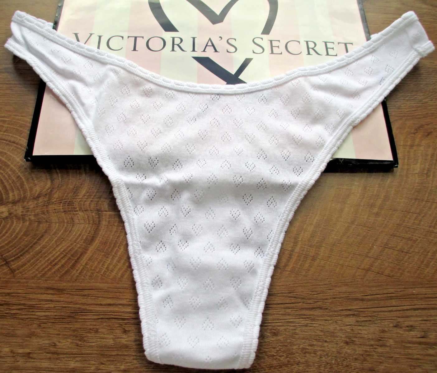 VICTORIA’S SECRET PINK 100% Cotton High Leg Thong Panty VS White L XL Pointelle