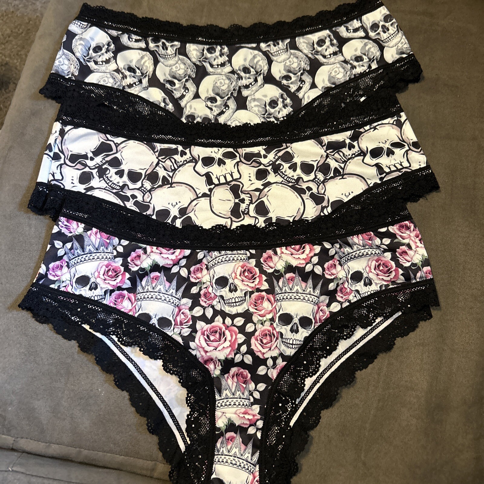 Morvia 3pk lace trim goth Emo Skaters panties S skulls & Flowers Underwear New