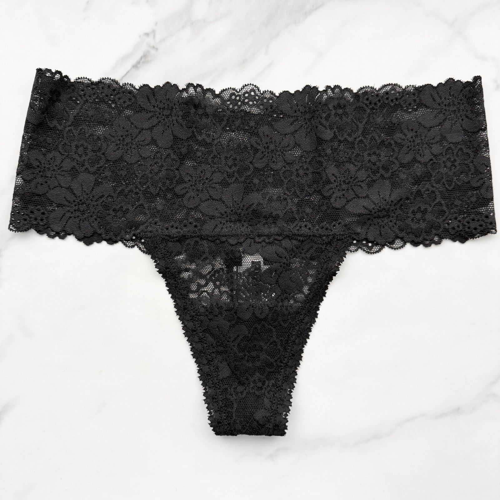 PINK Victoria’s Secret Wink Wide-Waist Lace Thong Panty Pure Black Size S