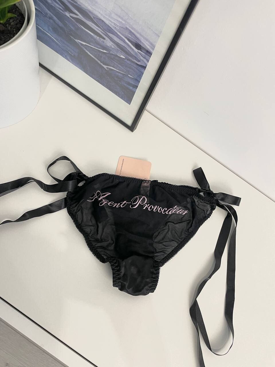 Agent provocateur transparent kitty tie side brief panties black pink bow-knot