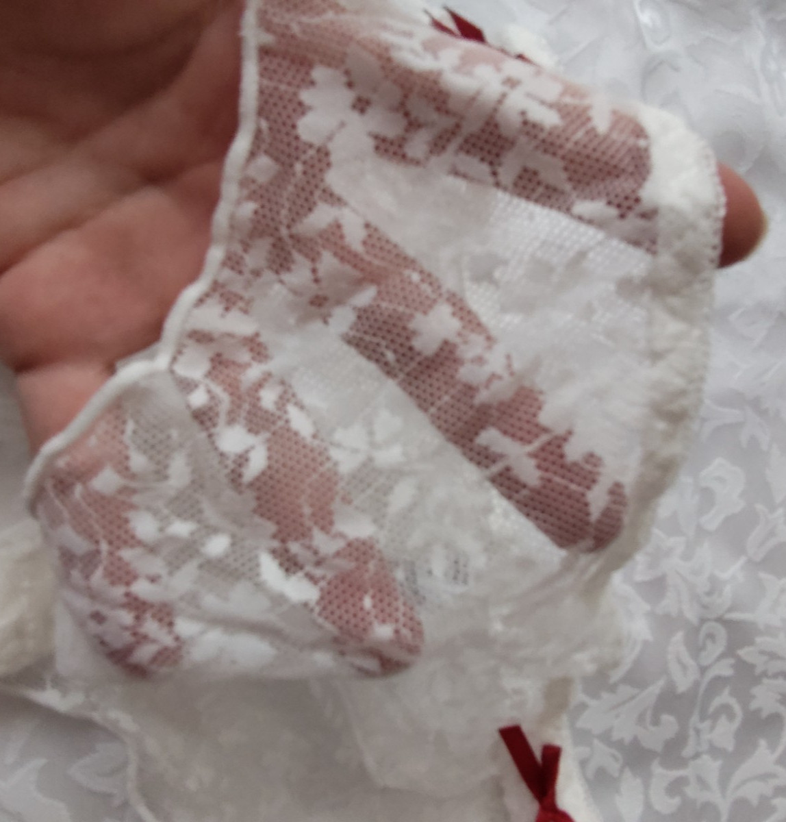 Women’s Lace Transparent Panties Lot (3) White, Red, Black Bow Accents Size M
