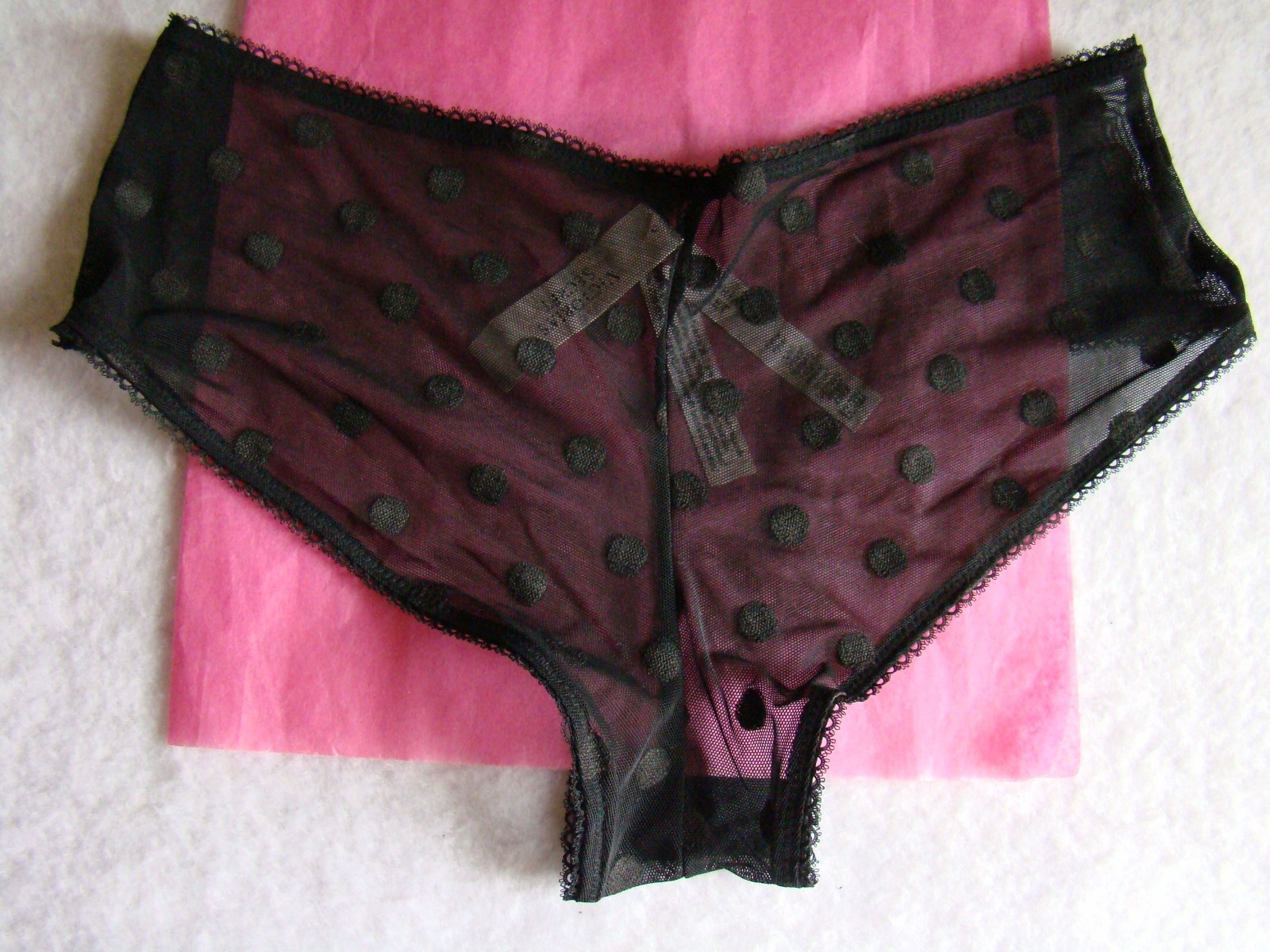 New Victoria’s Secret Black Front Ribbon Bow Lace Polka Dots Cheeky Panty