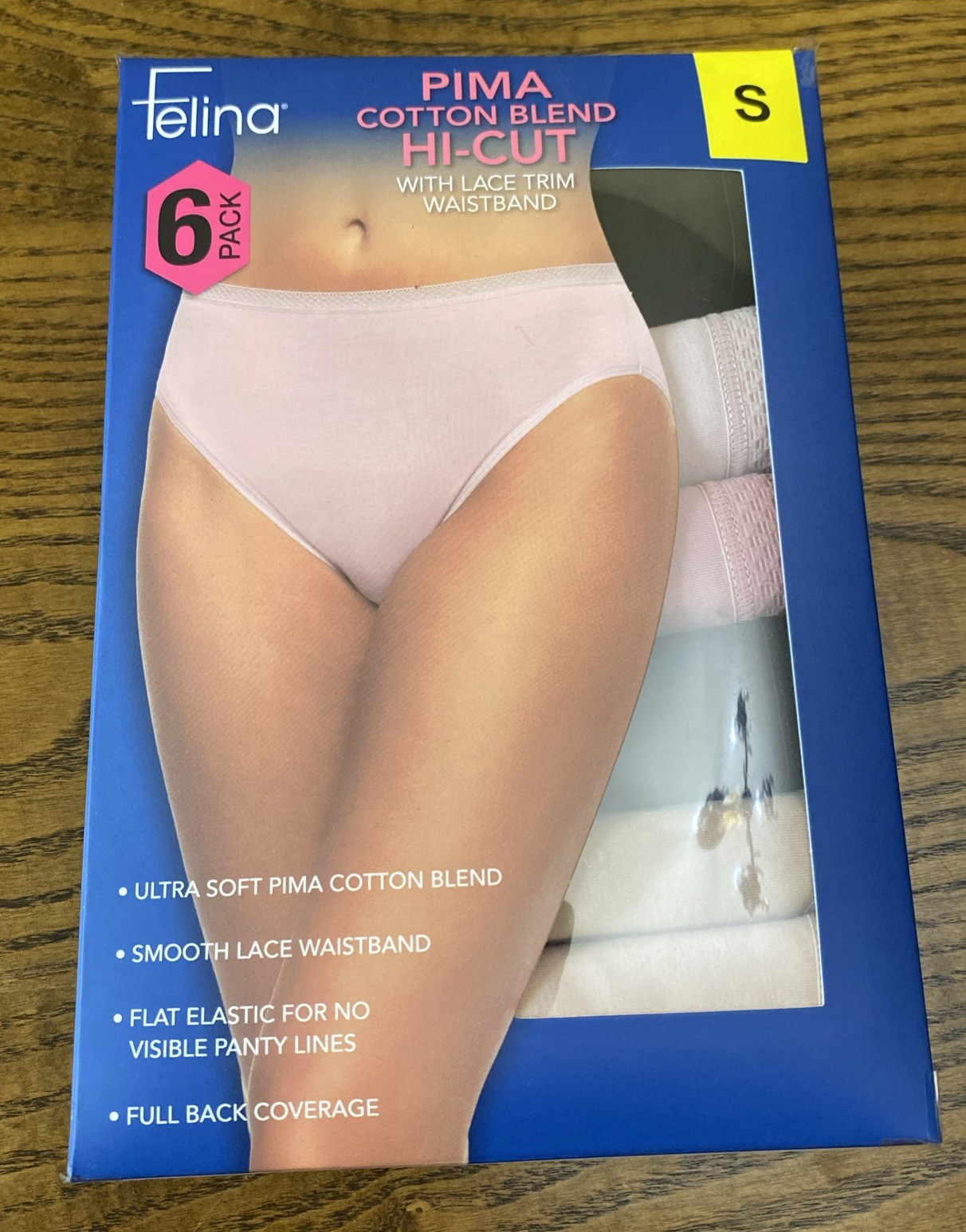 Felina Women’s 6-Pack Pima Cotton Hi-Cut with Lace Trim Panties, Multicolor, S