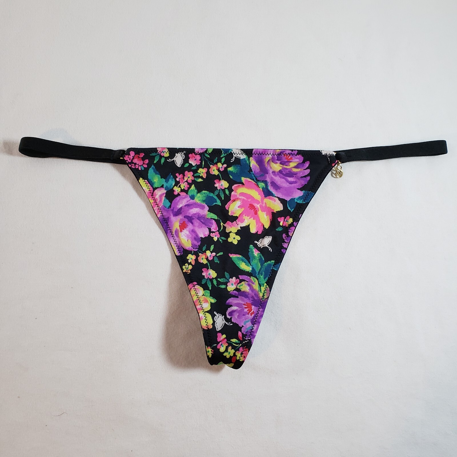 Victoria’s Secret Satin V-String Thong Black Pink One Size Sexy Gold Charm
