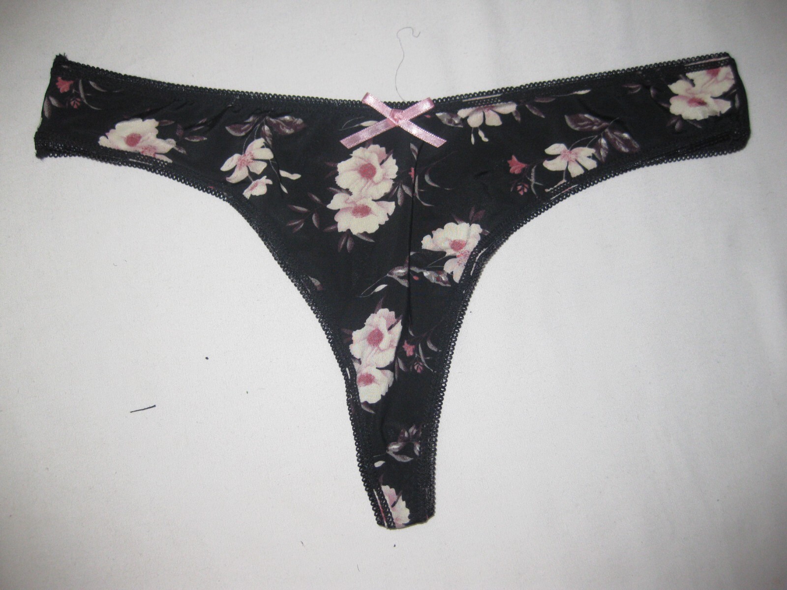 Shein bow decor floral print g-string panties S black nip