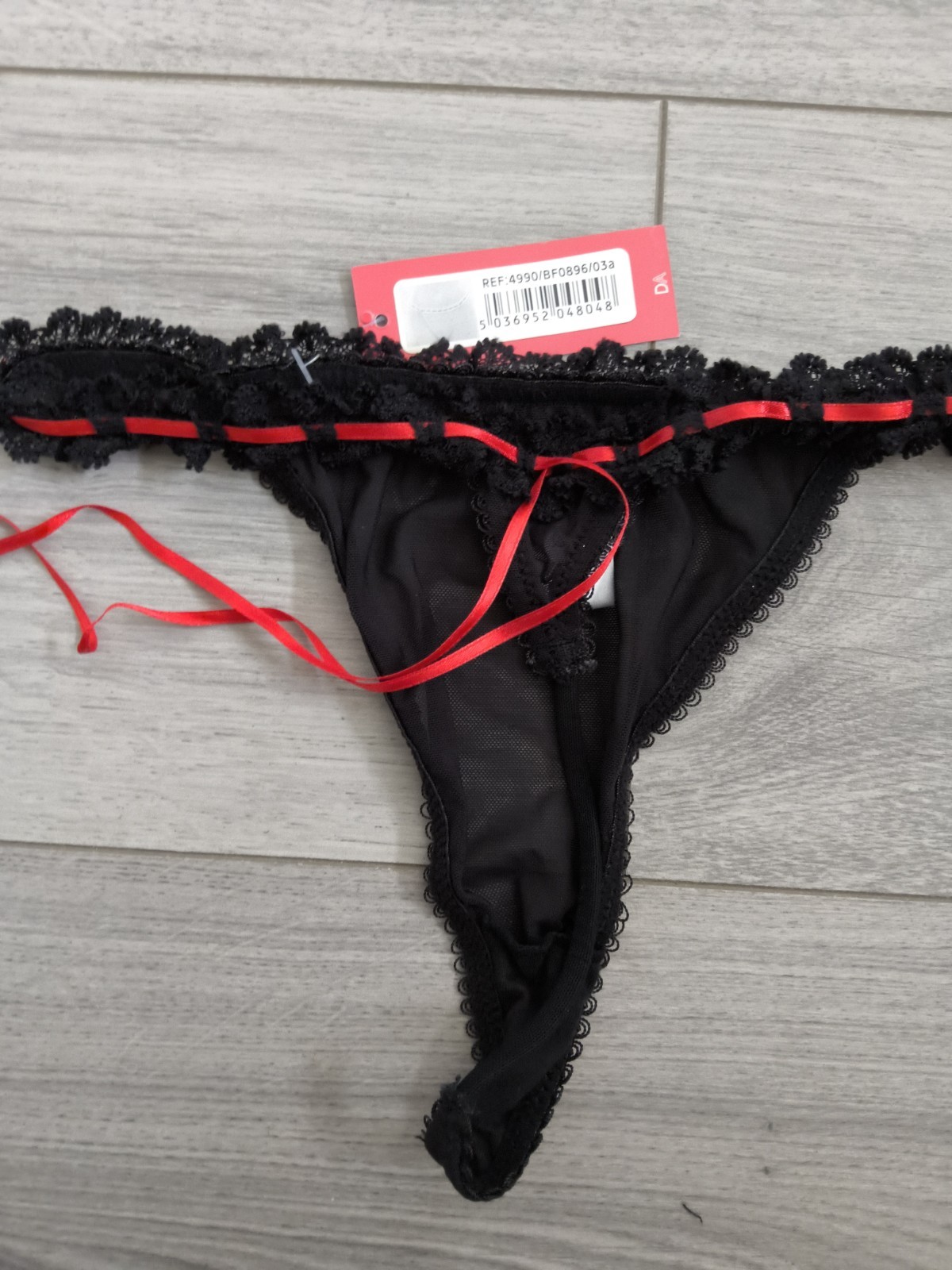 BNWT Vintage Daniel Axel Sheer Black Mesh & Ribbon Slotted Lace Thong Size 8-10