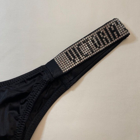 Victoria’s Secret Panties M Black Very Sexy Brazilian Rhinestone Strap Logo New