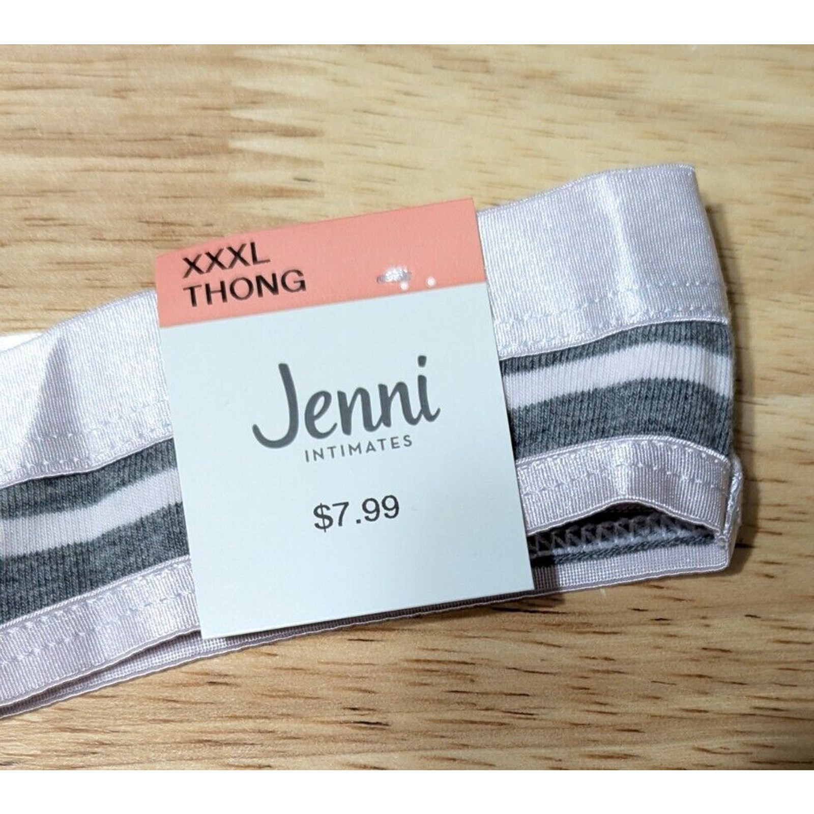 Jenni Women’s Lilac Purple Satin Trim Gray Stripe Thong Panty Underwear, XXXL