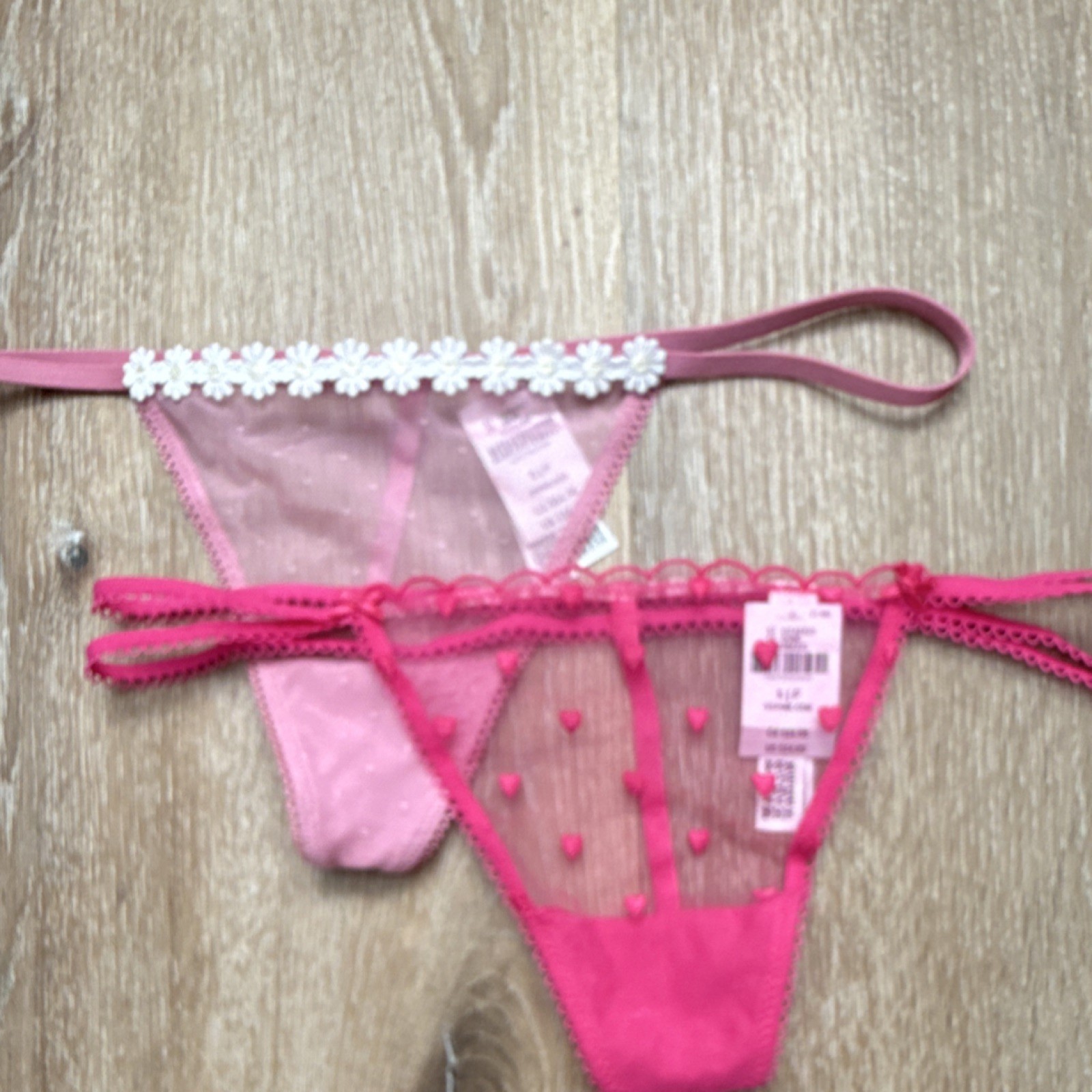Victoria’s Secret PINK Mesh Thong Panties 2 Pack Pink Heart Daisy Polka Dot S