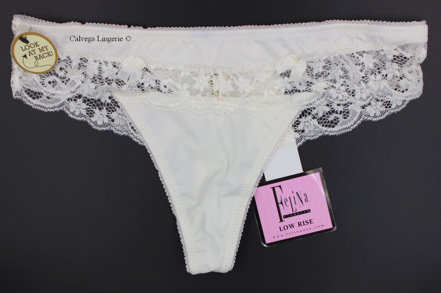 NWT FELINA F5693 “Summer Time” Low Rise Nylon w/ Lace Trim Thong, Ivory, Bridal