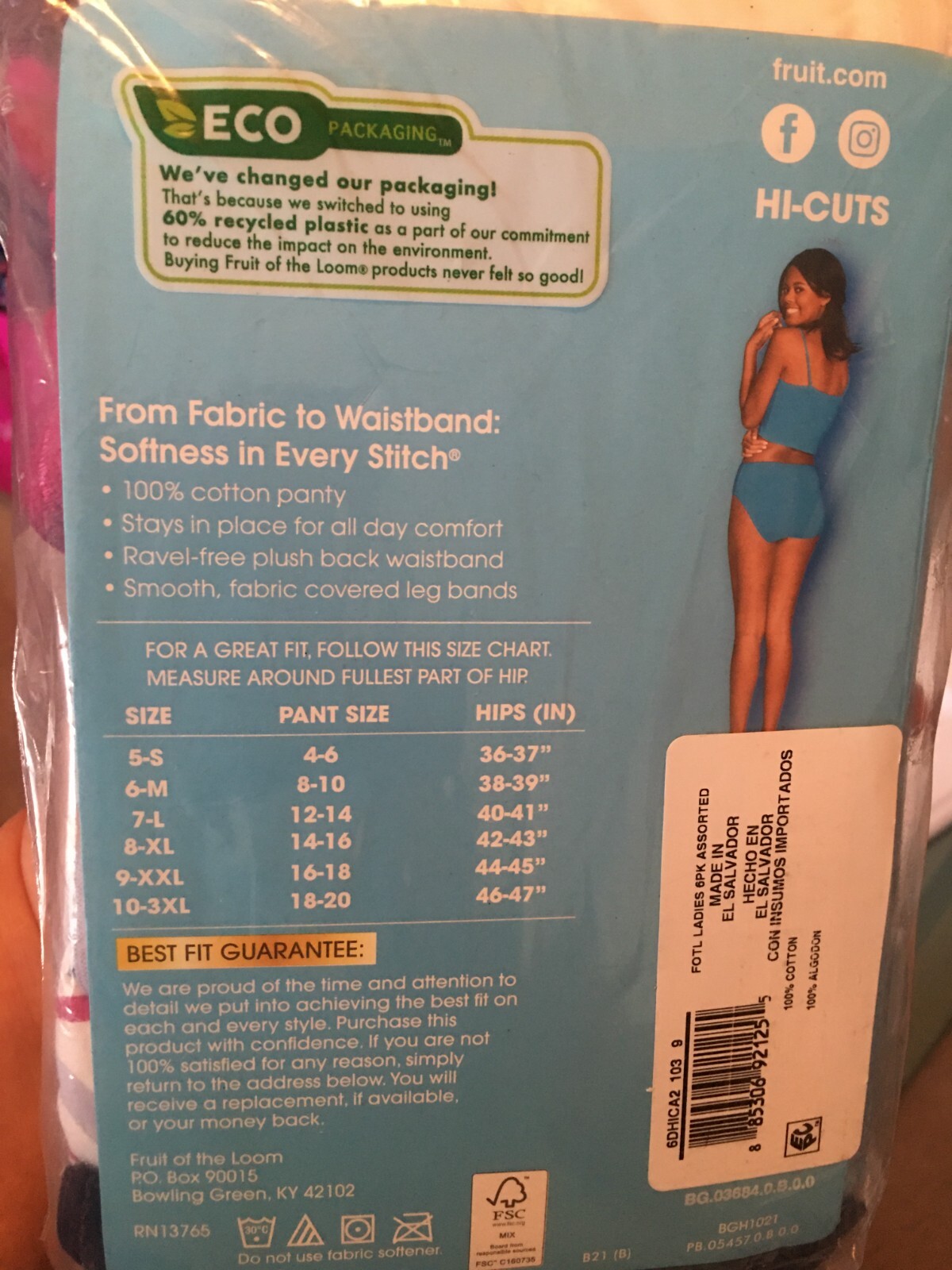 Womens 6 Pair Pack Cotton Hi-Cut Panties Size 9 / 2X Multi-colors Patterns NWT