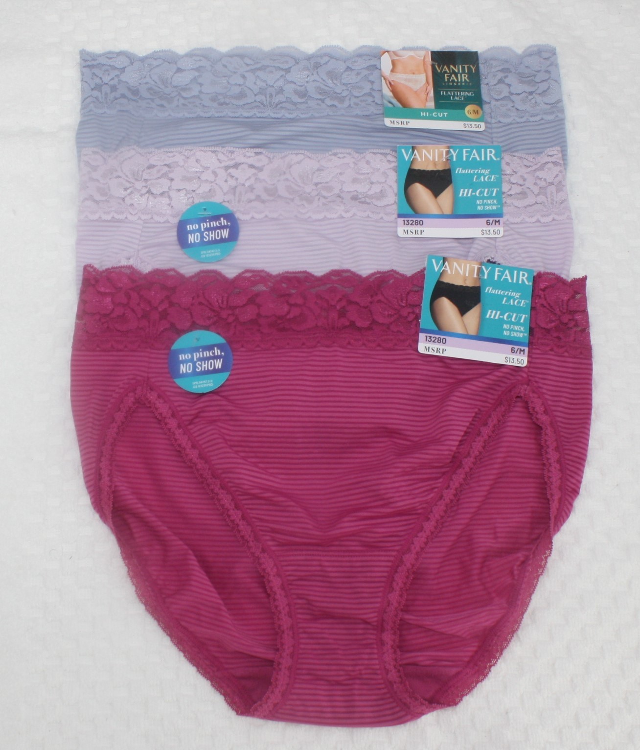 NWT set/3 VANITY FAIR FLATTERING LACE HI CUT 13280 BERRY ROMANCE BLUE LAVENDER