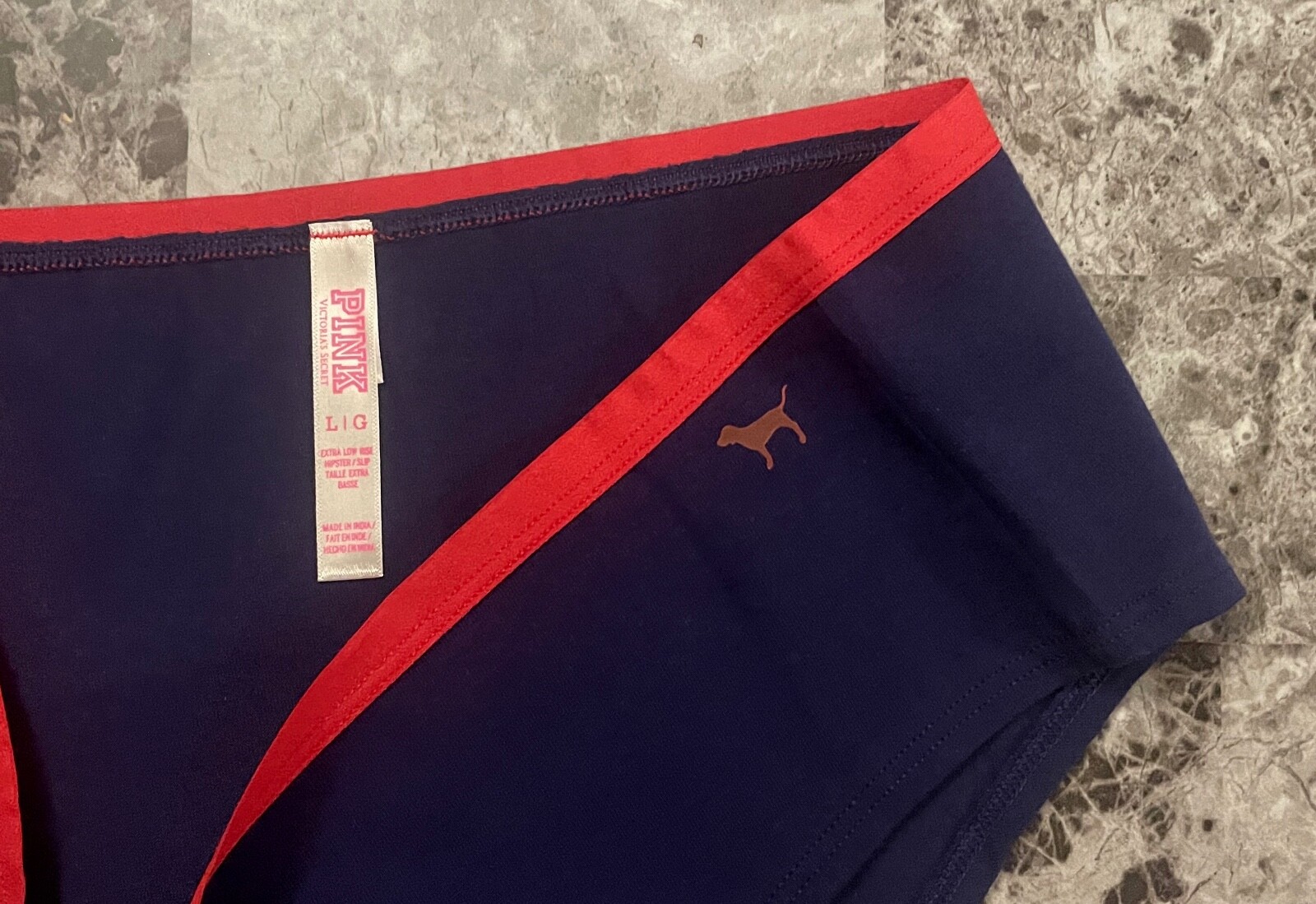 NWOT VICTORIA’S SECRET LARGE NAVY BLUE RED DOG LOGO RARE HIPSTER PANTIES
