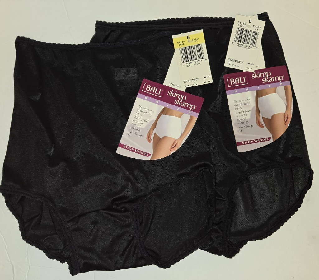 2 Bali Skimp Skamp Black Brief Panties Style 2633 Size 6 (38-39) NWT