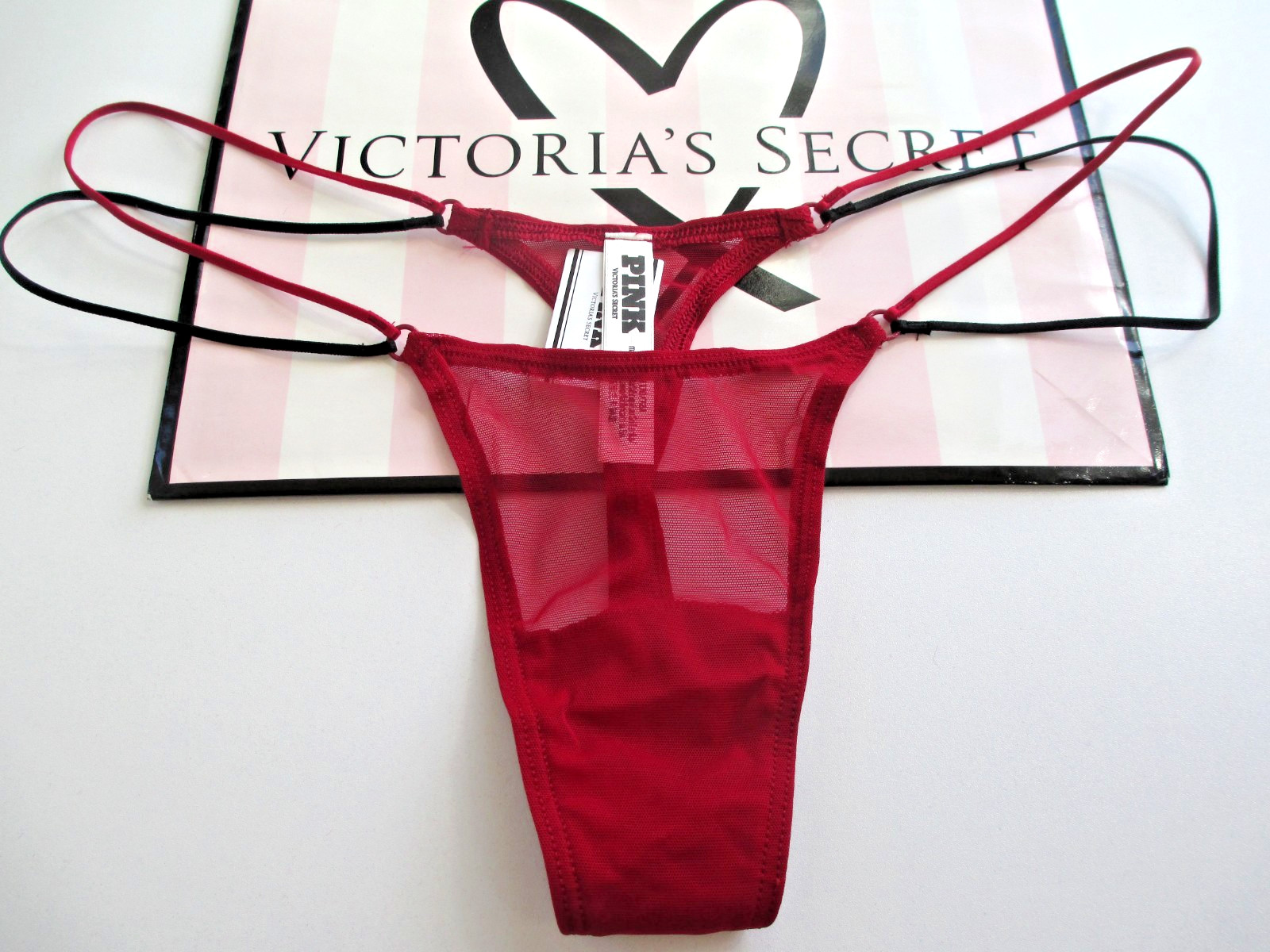 VICTORIA’S SECRET PINK Strappy Micro Thong Panty Red Lacquer Black Mesh S M L XL