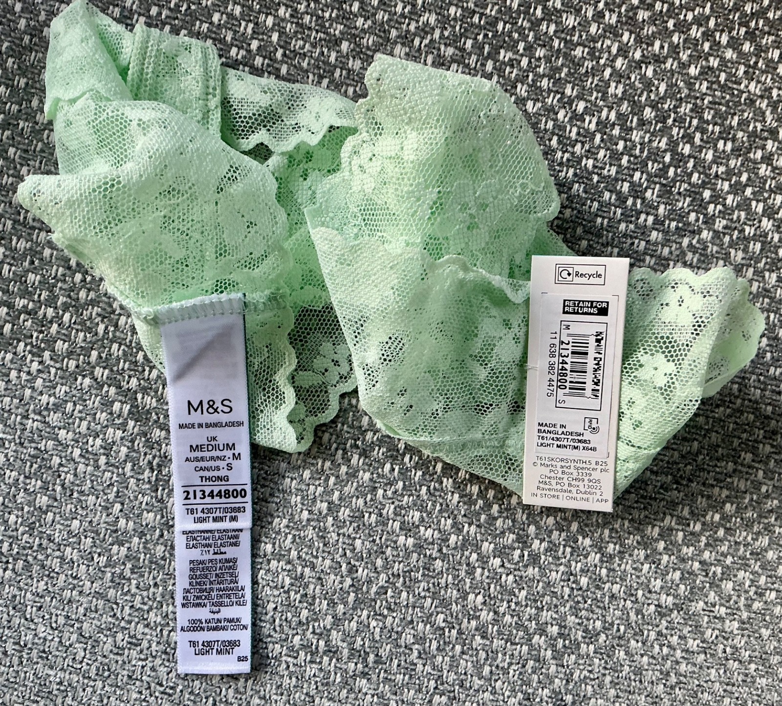 2 PACK M & S THONGS ~ 12-14 ( M ) ~LIGHT MINT ~ 88% POLYAMIDE 12% ELASTANE ~ NEW