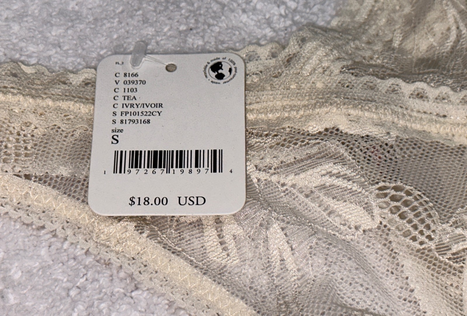 FREE PEOPLE Floral Lace High Cut Ivory Tea Thong Panty Womens XS 4 S 5 M 6 L 7