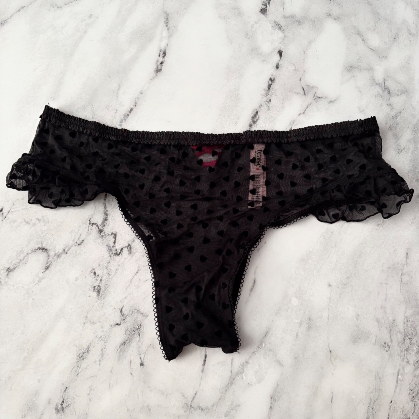Victoria’s Secret Cheeky Panty Tease Black Mesh Heart Flocked Ruffle XL