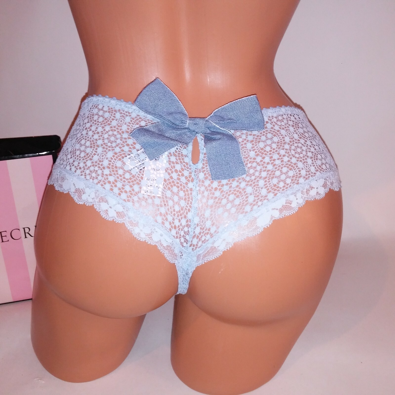 Victoria Secret Panty Wide Side Thong XS Light Blue Lace Bow Back Dream Angels N