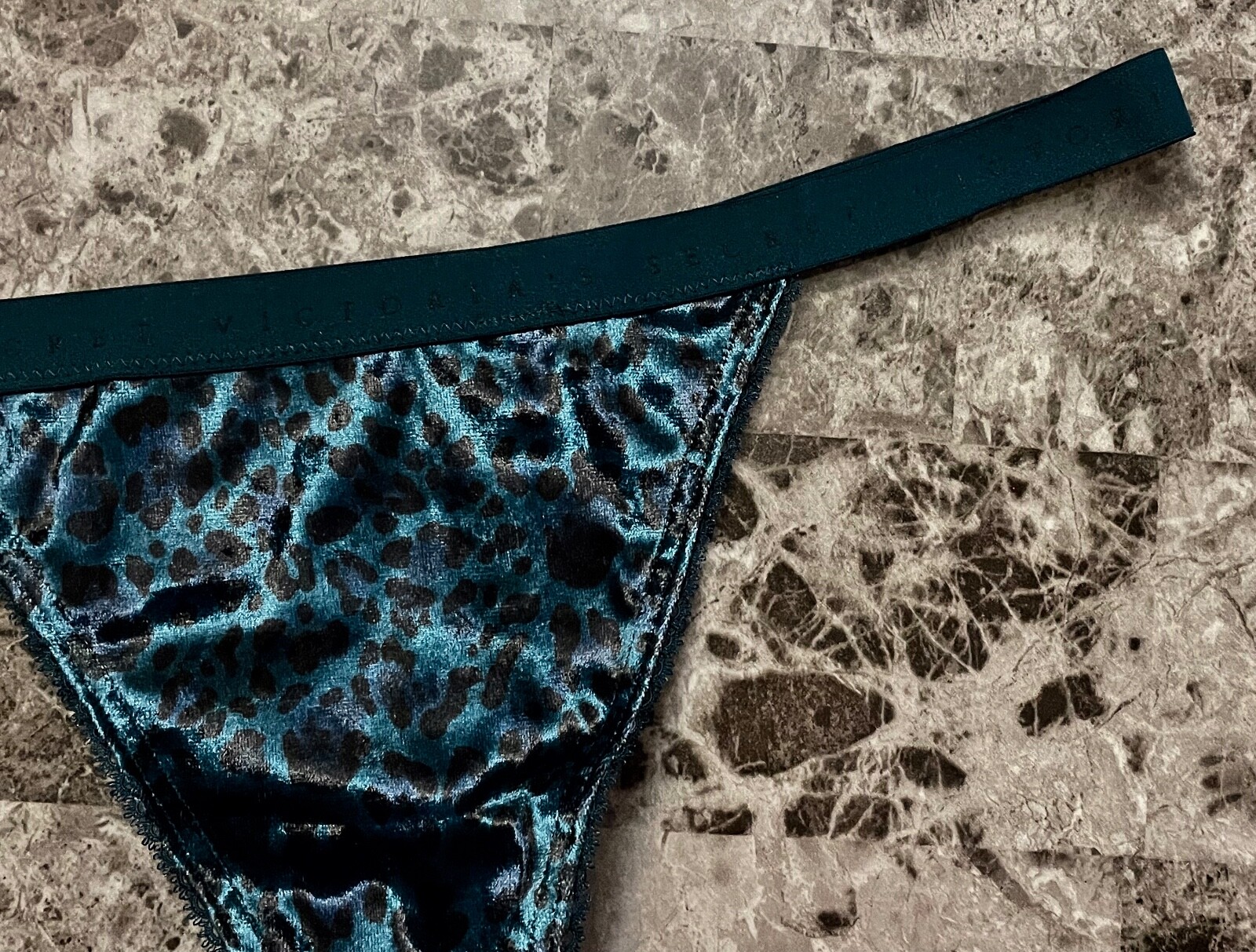 NWT VICTORIA’S SECRET LEOPARD TURQUOISE CRUSHED VELVET VELOUR V STRING PANTIES