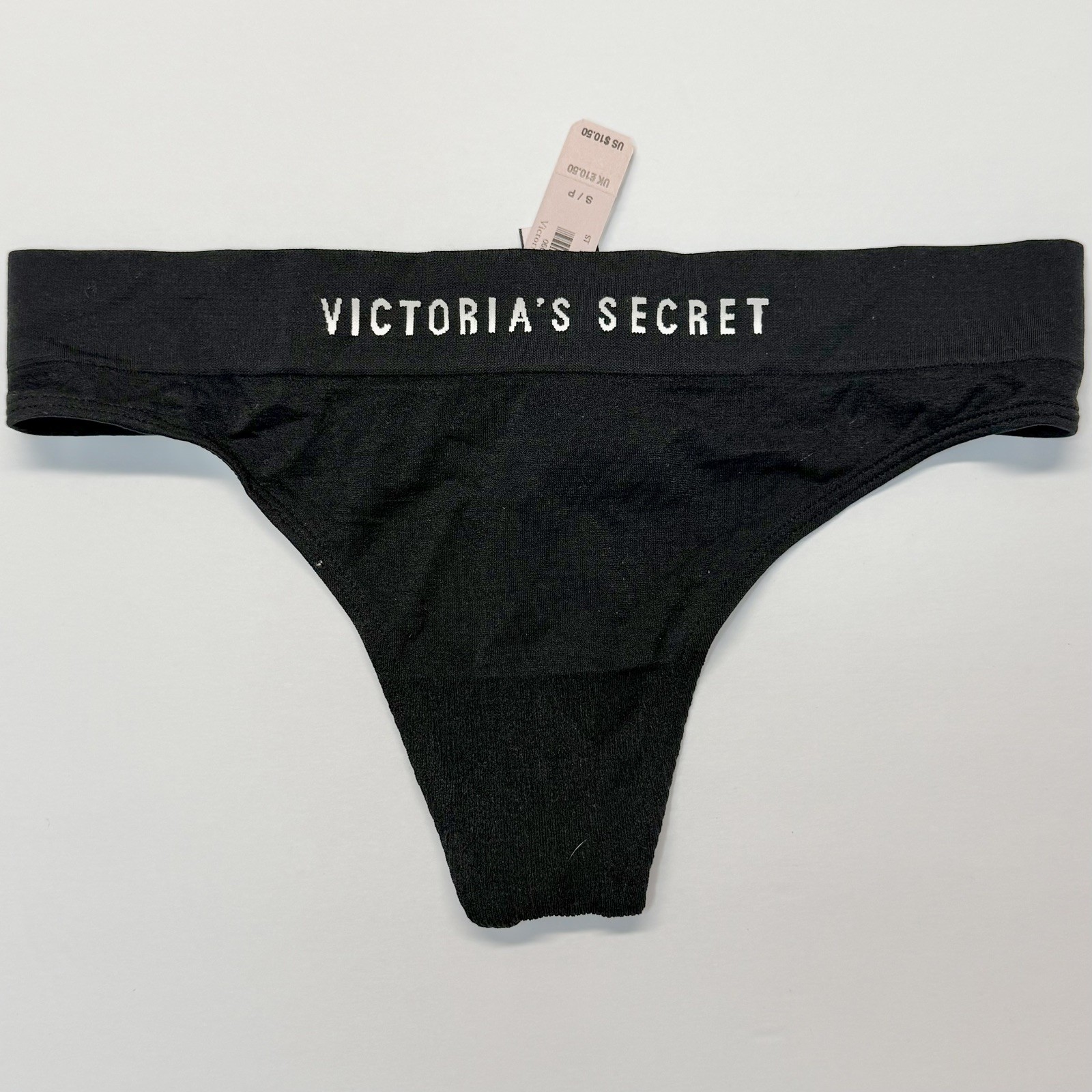 Set of 2 Vintage Victoria’s Secret Logo Band Soft Nude Black Thong Panties Med