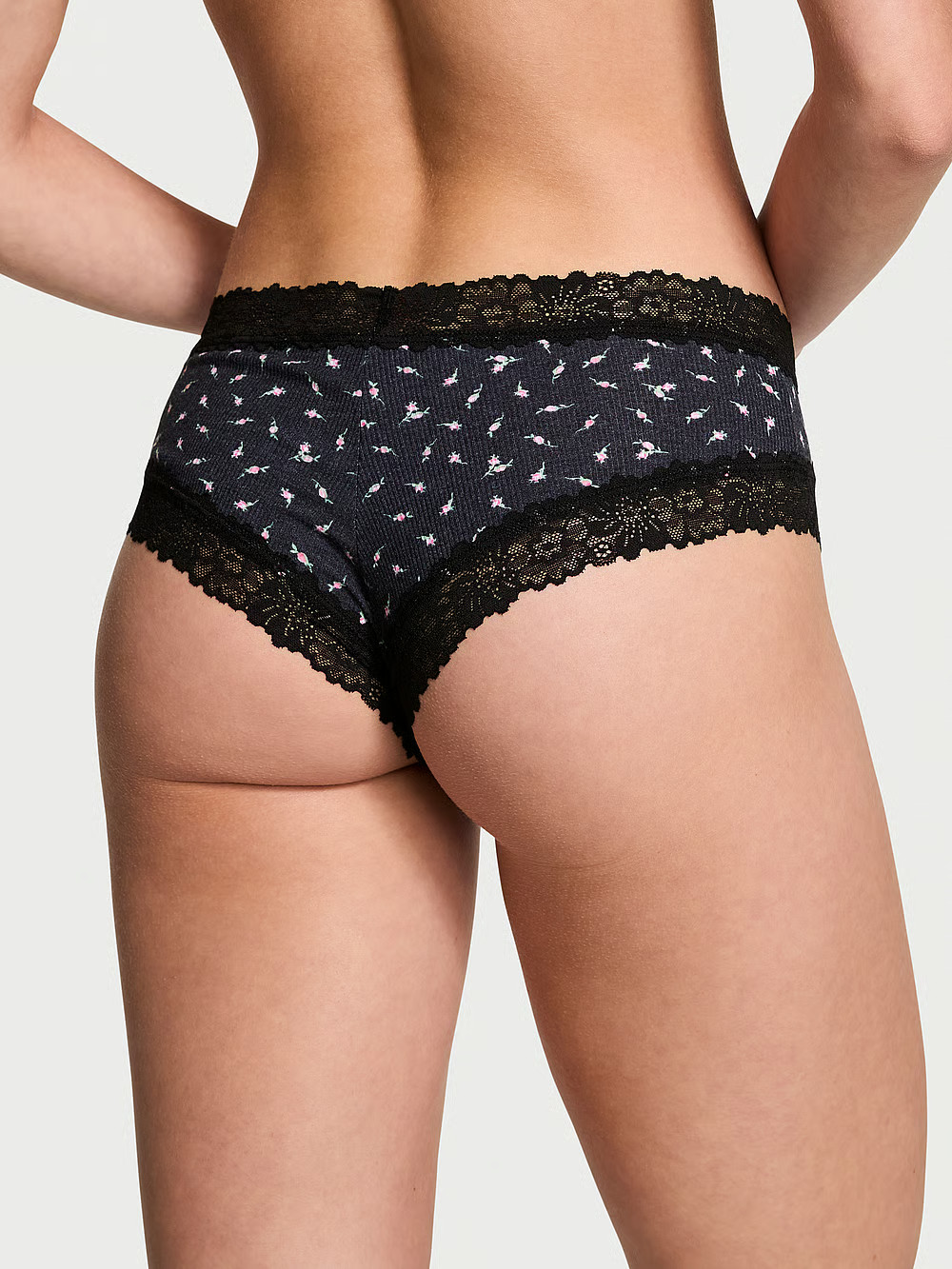 M Black Rose Rib Victoria’s Secret PINK WINK Lace-Waist & Leg Cheeky Pantie