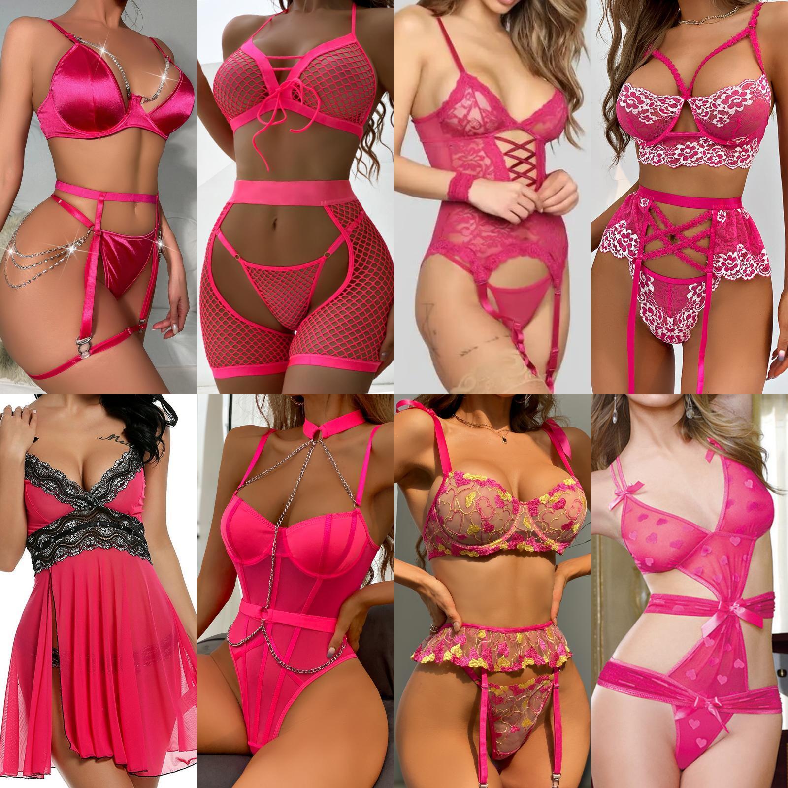 Sexy Hot Pink Lingerie Set Women Sleepwear Nightwear Babydoll Underwear Bra Sets