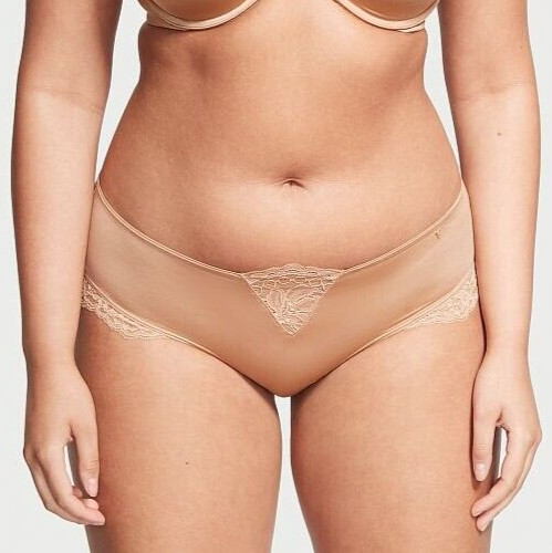 XL Beige Tan Sand Satin Micro Lace Inset Very Sexy Cheeky Victorias Secret Panty