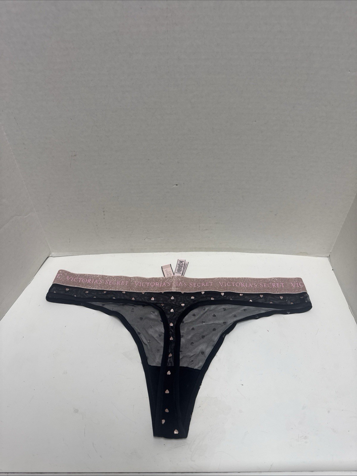 Victoria’s Secret Black Polyester Mesh Pink Glitter Band Thong Panties Sz XL New