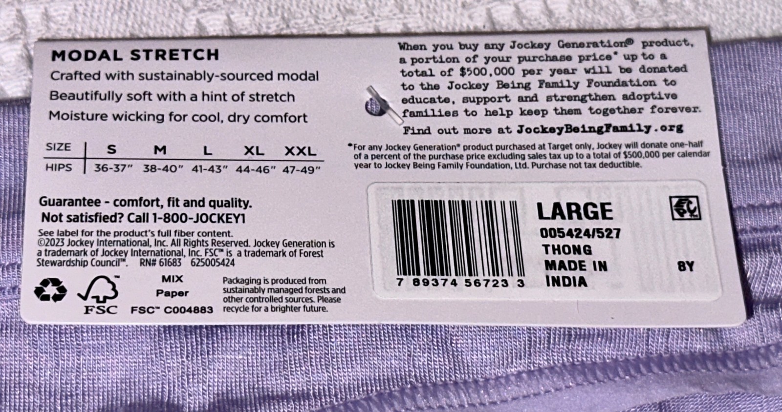 JOCKEY Generation Soft Touch Breath Lavender Thong Panty Womens S M L XL 2XL